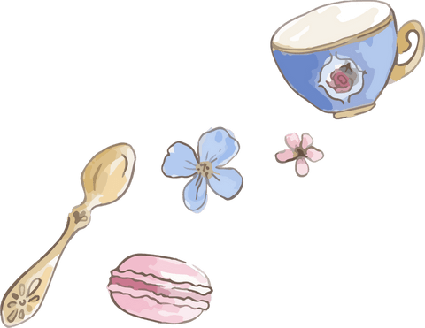 Floating Blue Rose Teacup with Gold Spoon and Macaron on Transparent Background