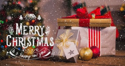 Festive Christmas Scene with Gifts and Snowfall - Download Free Stock Images Pikwizard.com