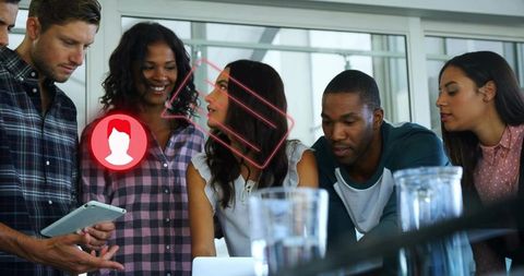 Team Collaborating with Technology and Augmented Reality Icons