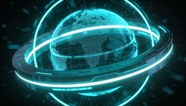 Teal holographic globe rotating with neon data rings and futuristic hud interface