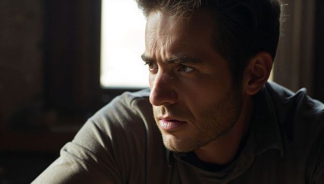 Young man leaning by window with warm sidelight, contemplative expression, rugged stubble