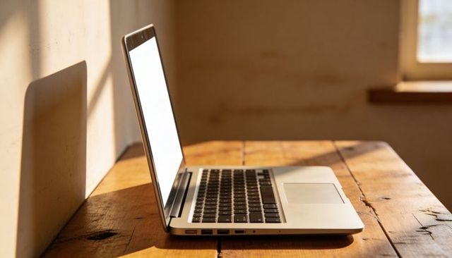 Sunlit laptop on rustic wooden table casting long shadow on plaster wall