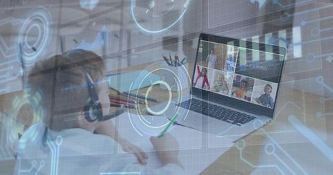 Child Attending Virtual Classroom Using Headset, Laptop and Holographic Interface