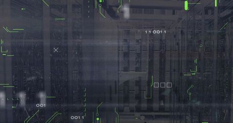 Streaming Data Center Server Racks with Futuristic Green HUD Overlay and Circuitry