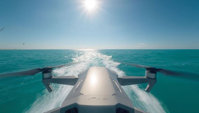 Flying quadcopter cutting white wake across turquoise sea under bright sun
