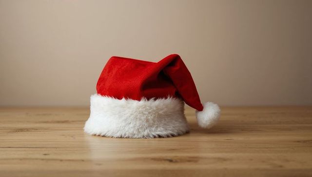 Red Santa Hat with White Fur Trim on Wooden Tabletop Minimal Holiday Decor