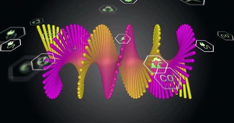 Neon helix data waveform made of glossy spheres with floating energy icon panels