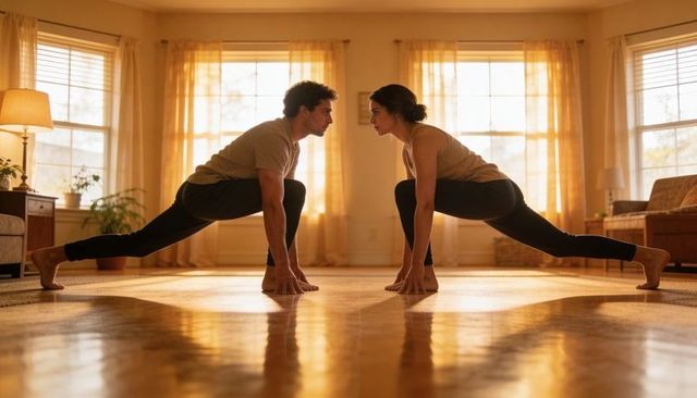 Couple practicing mirrored low lunges in sunlit living room for home fitness routine