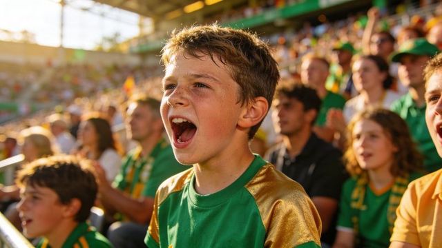 Young fan cheering vividly in green and gold jersey in sunlit stadium crowd