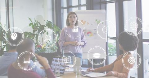 Leading team presentation modern boardroom presenting data charts, laptops, collaboration