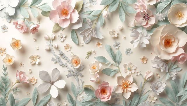 Layered pastel paper flowers and leaves creating textured botanical wall art
