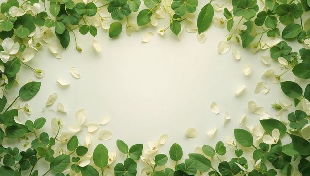 Framing botanical flatlay with white petals and green leaves creating airy ivory border