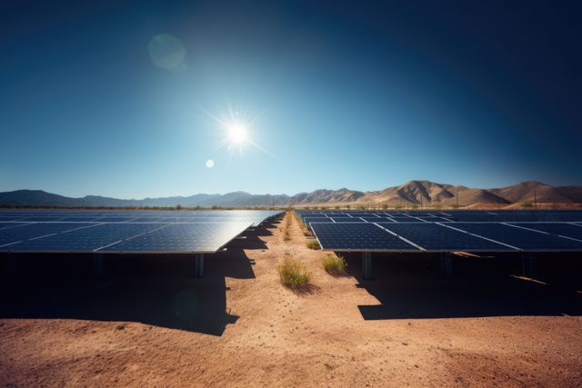 Solar panels in a desert landscape generate renewable energy under the bright sun. The clear sky and mountain background highlight sustainability and environmental conservation. Ideal for illustrating topics related to green technology, eco-friendly solutions, and renewable energy sources.