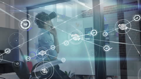 Businessman Using VR Headset with Virtual Global Connections