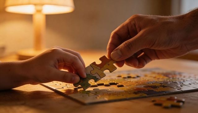 Adult and child fitting jigsaw puzzle pieces by warm lamp light for family bonding