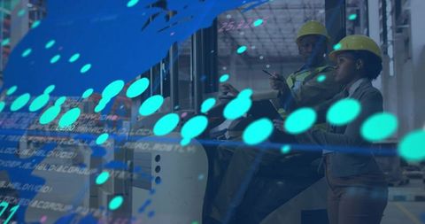 Operating forklift with teal HUD overlay showing logistics data, staff checking tablet