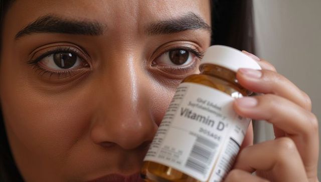 Closeup woman holding vitamin d supplement bottle near face showing label and barcode