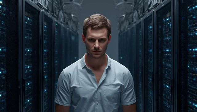 It technician inspecting data center servers with blue glowing leds