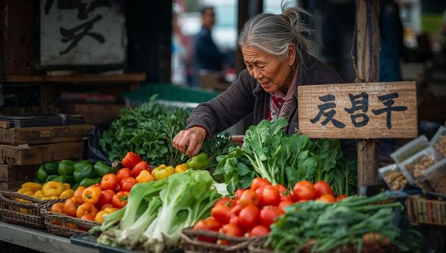 Elderly asian vendor selecting fresh tomatoes and bok choy at vibrant market stall