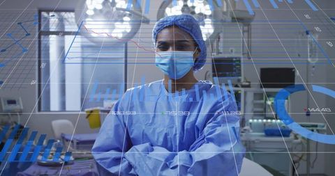 Female Surgeon Standing in Operating Room Wearing Mask and Scrubs with AR Data Overlay