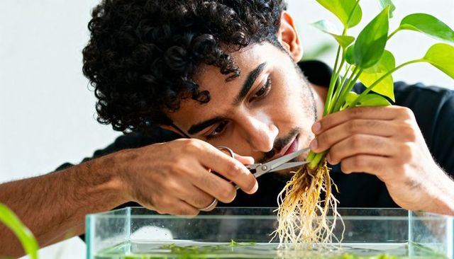 Young man carefully trimming aquatic plant roots for aquarium replanting and aquascaping