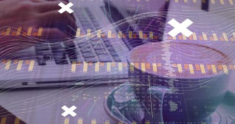 Hands writing in notebook with laptop and futuristic data analytics overlays