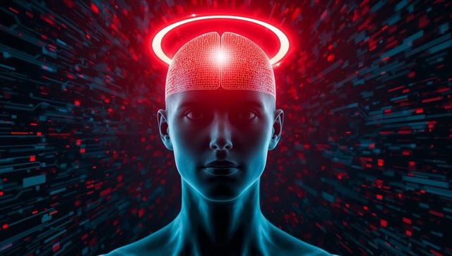 Futuristic AI Cyborg with Neural Mesh and Digital Halo