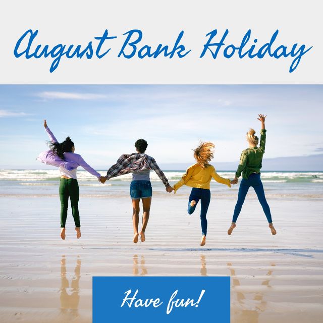 Multiracial group of friends enjoying August Bank Holiday by jumping and holding hands at a seaside location. Perfect for illustrating summer vacations, holiday celebrations, friendship and togetherness themes. Ideal for use in travel advertisements, social media posts, holiday announcements, and lifestyle blogs.