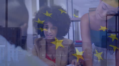 Diverse Team Meeting with EU Flag Overlay Business Concept