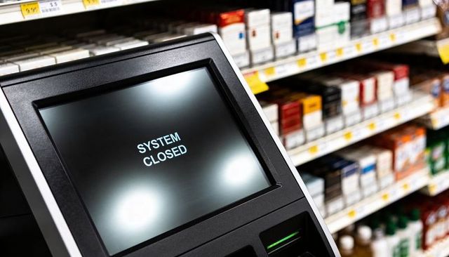 Retail Self-Service Kiosk Displaying SYSTEM CLOSED Message with Card Reader and Shelves