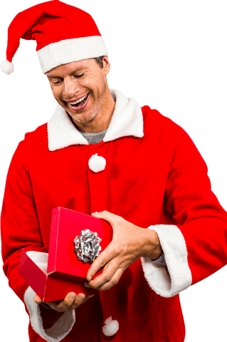 Smiling man in santa costume opening transparent gift box