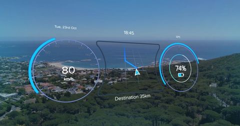 Digital vehicle dashboard overlooking scenic coastal road