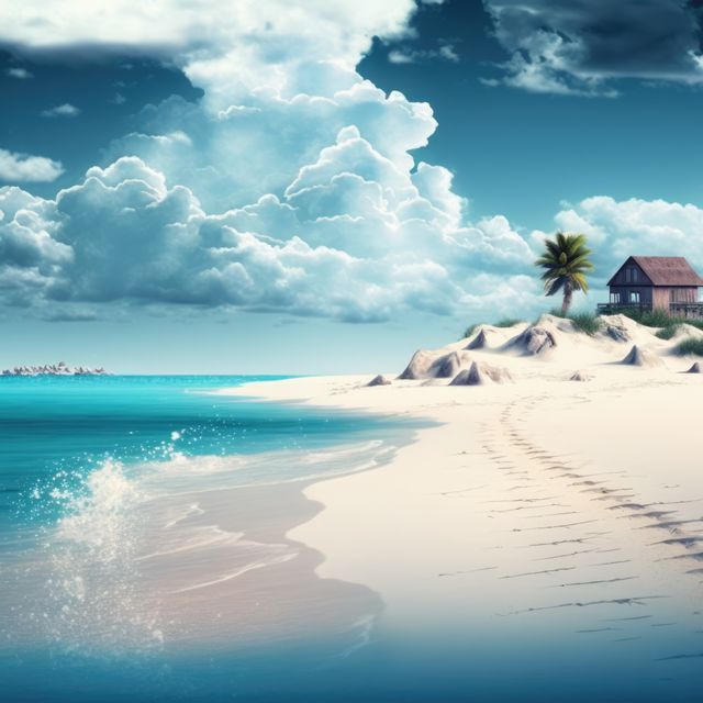 Scene shows a tranquil tropical beach with pristine sandy shore and gentle ocean waves. Cozy beach house on elevated dunes with palm tree nearby. Clear sky with fluffy clouds enhancing serene atmosphere. Ideal for travel brochures, vacation advertisements, and relaxation-themed designs.