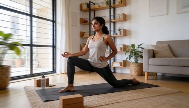 Practicing low lunge yoga at-home woman holding mindful stretch in minimalist living room
