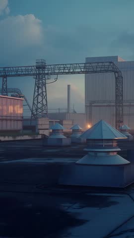Vertical video showing camera moving toward conical rooftop vent on industrial factory at dusk