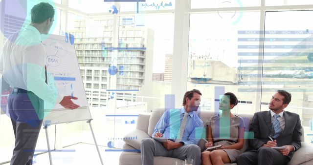 Team of business professionals attending a presentation in a modern, bright office with windows overlooking a cityscape. Presenter stands next to a whiteboard with charts and ideas, while colleagues in formal attire are sitting, listening, and taking notes. Suitable for showcasing corporate culture, efficiency, teamwork, business discussions, strategic planning, and modern workplace environments.