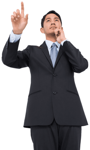 Transparent focused businessman pointing upward