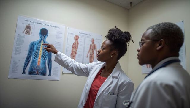 Doctors pointing at spine poster, reviewing anatomy and collaborating on patient care