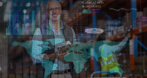 Warehouse Worker Overlaid with Global Business Data Analytics