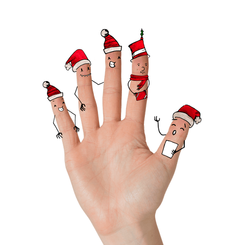 Creative festive fingers with christmas decorations on transparent background