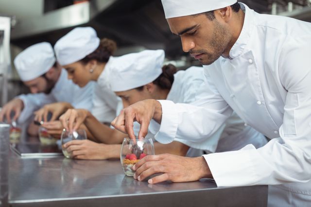 Chefs in white uniforms and hats are carefully finishing desserts in glass containers on a stainless steel counter. This image can be used for culinary school promotions, restaurant advertisements, or articles about professional cooking and teamwork in the kitchen.