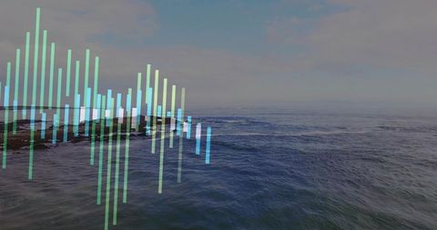 Hovering translucent data bars above calm ocean horizon rocky outcrop seascape graphic
