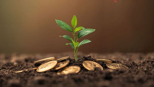 Green seedling sprouting from soil surrounded by gold coins symbolizing crypto growth