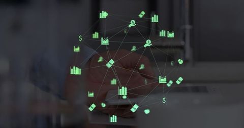 Global Network of Financial Icons with Smartphone Interaction