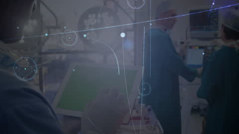 Doctors Using Tablet with Digital Network Overlay in Operating Room
