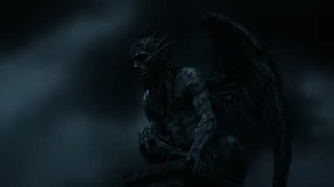 Moody Nighttime Gargoyle Statue in Stormy Sky