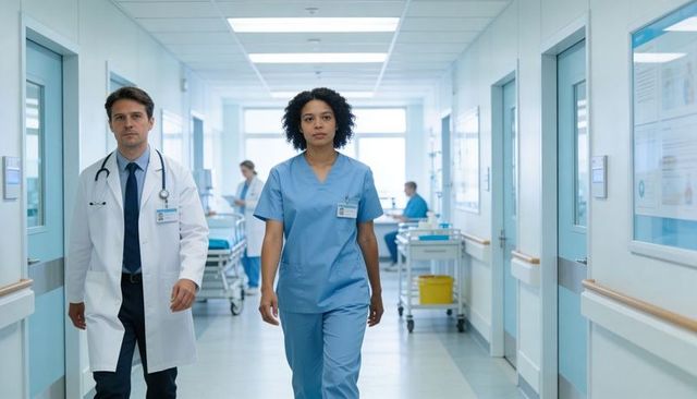Nurse and doctor walking hospital corridor in scrubs white coat stethoscope id badges