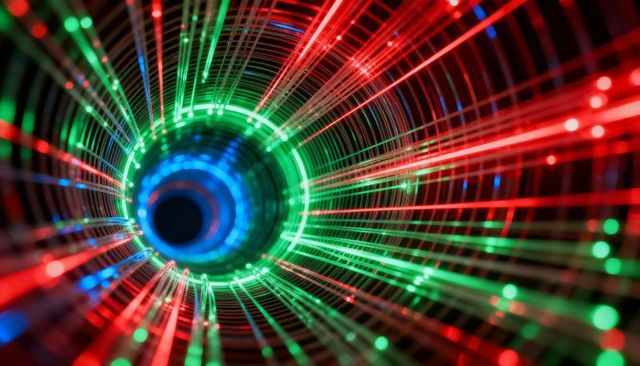 Glowing neon tunnel emitting rgb fiber-optic streaks for futuristic data vortex