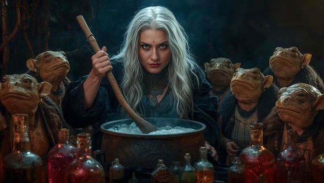 Sorceress Stirring Mystical Brew Surrounded by Goblins