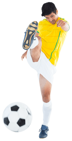 Caucasian Male in Yellow Jersey Kicking Soccer Ball on Transparent Background - Download Free Stock Videos Pikwizard.com